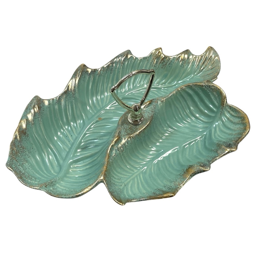 Vintage 1950s California Pottery No.104 Turquoise and Golden Leaves Divided Dish